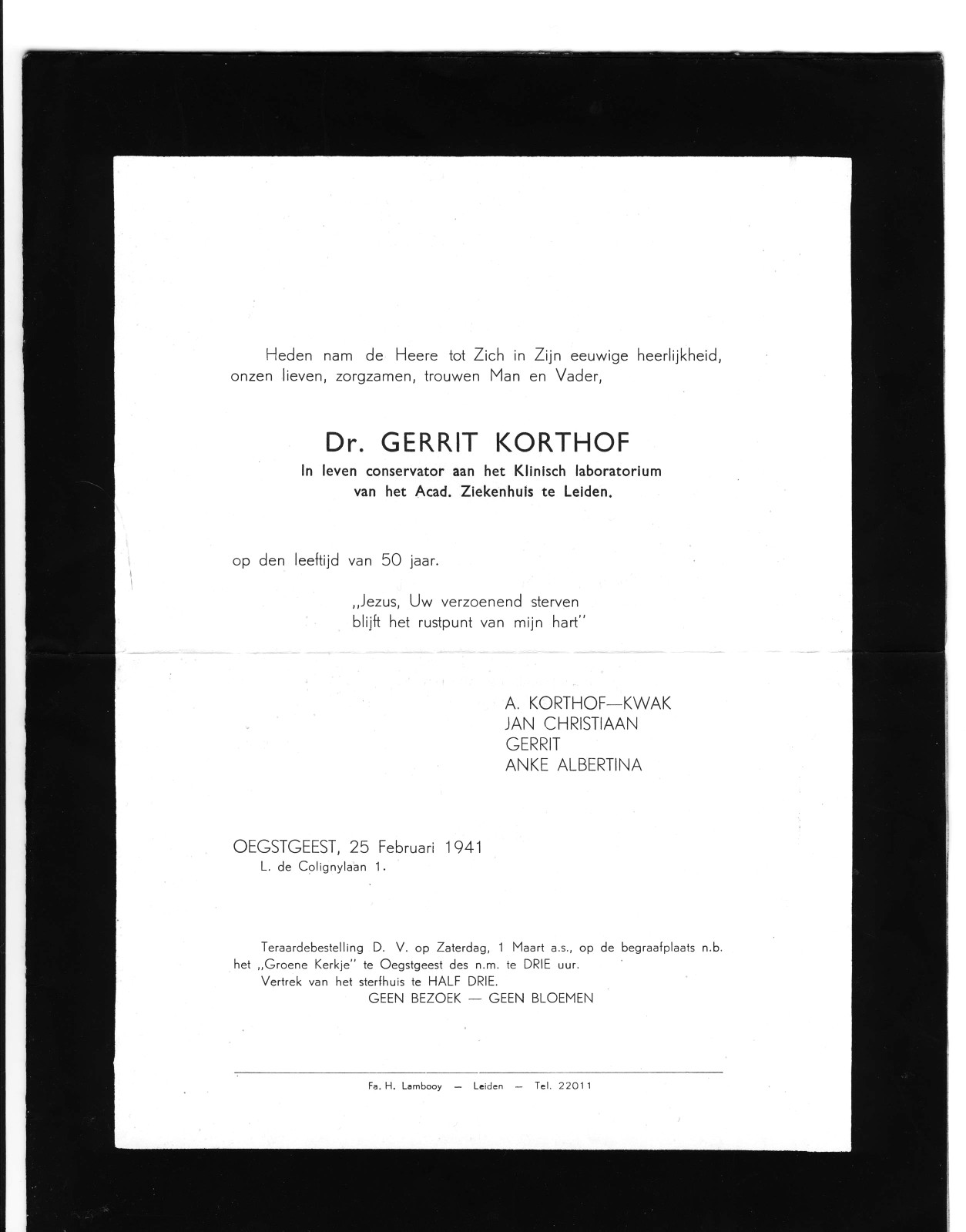 overlijdensadvertentie Dr. Gerrit Korthof